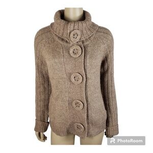 Lambswool/Alpaca Blend Turtle Neck Large Button Sweater Tan Sz M